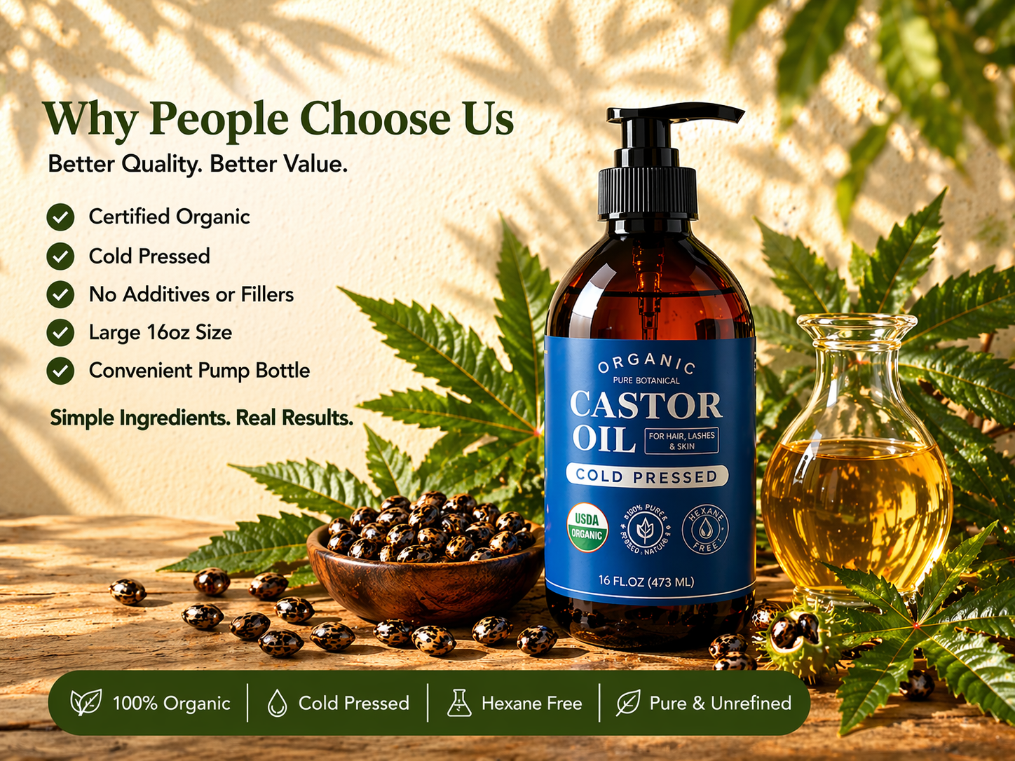 Organic cold pressed castor oil bottle with castor seeds and oil.