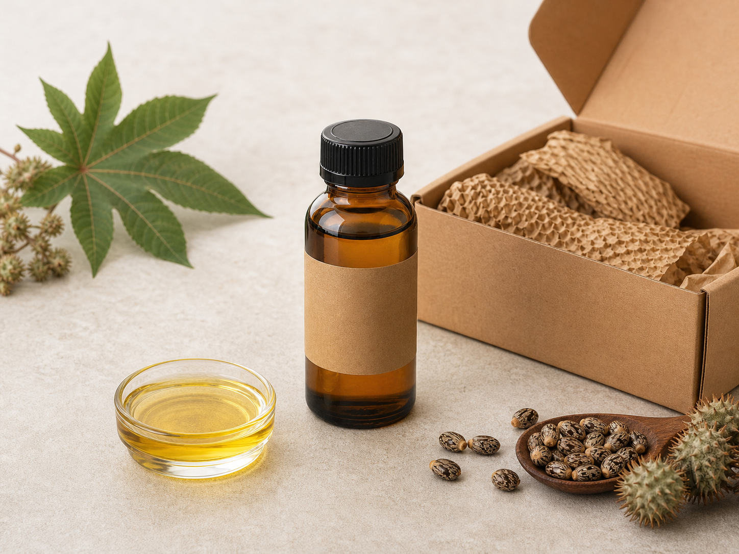 Castor oil bottle beside recyclable packaging, castor seeds, and golden oil.